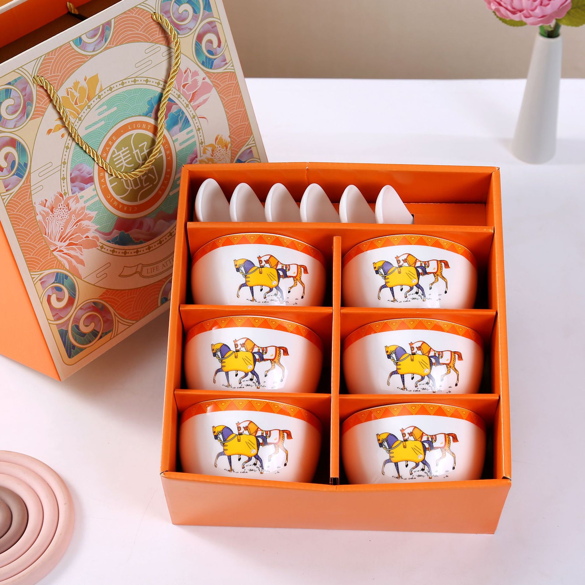 New Hermashi Orange National Fashion Household Bowl Spoon Ceramic Bowl Set Activity Gift Tableware Ceramic Bowl Set