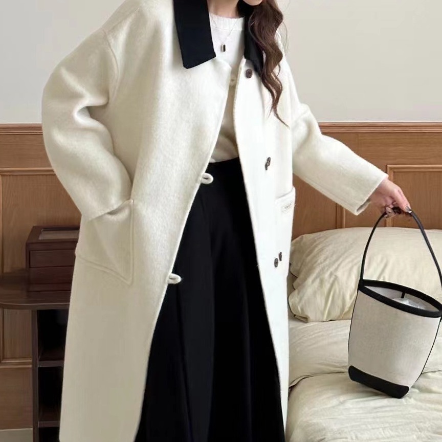 2023 New Mid-Length Doll Collar Wool Double-Sided Hand-Stitched Woolen Autumn and Winter Women's Coat Loose Korean Style