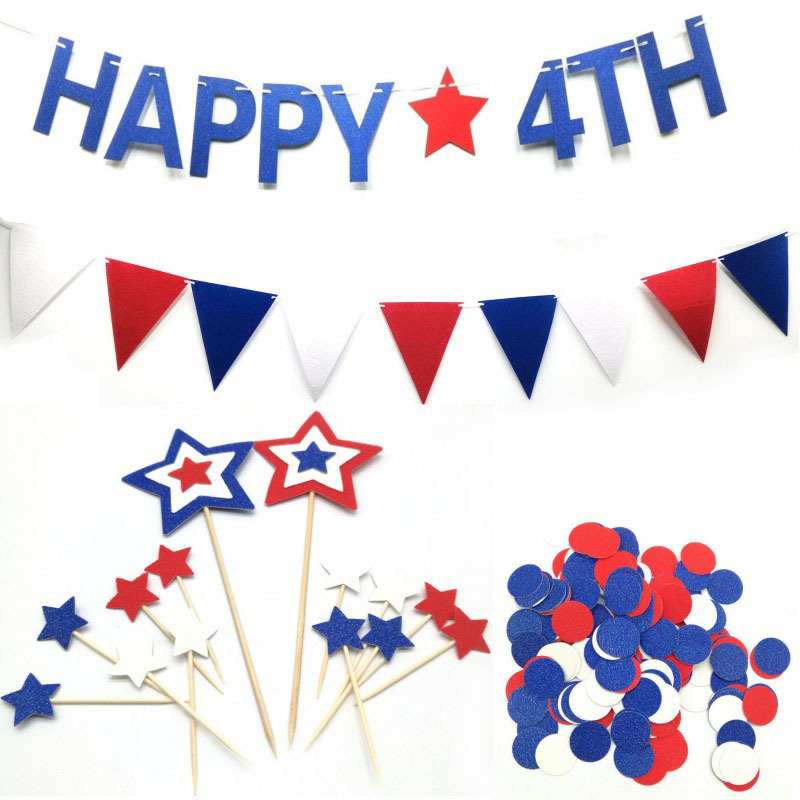 美国独立日新款派对装饰用品拉花拉旗 happy 4th鱼尾旗派对彩旗