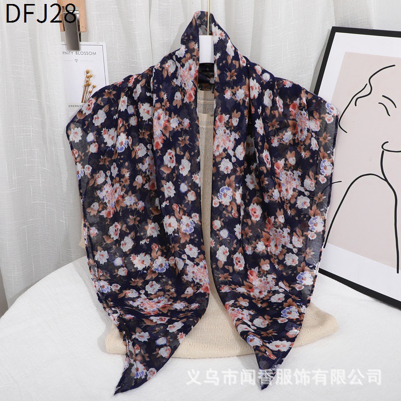 Voile Cotton and Linen Floral Square Scarf Women's Fashion Printed Thin Scarf Work Sun Protection Dust-Proof Closed Head Scarf Wholesale
