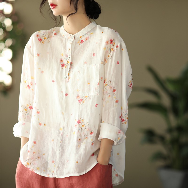 小清新苎麻上衣小碎花印花宽松长袖棉麻花衬衫女春夏白色衬衣2022