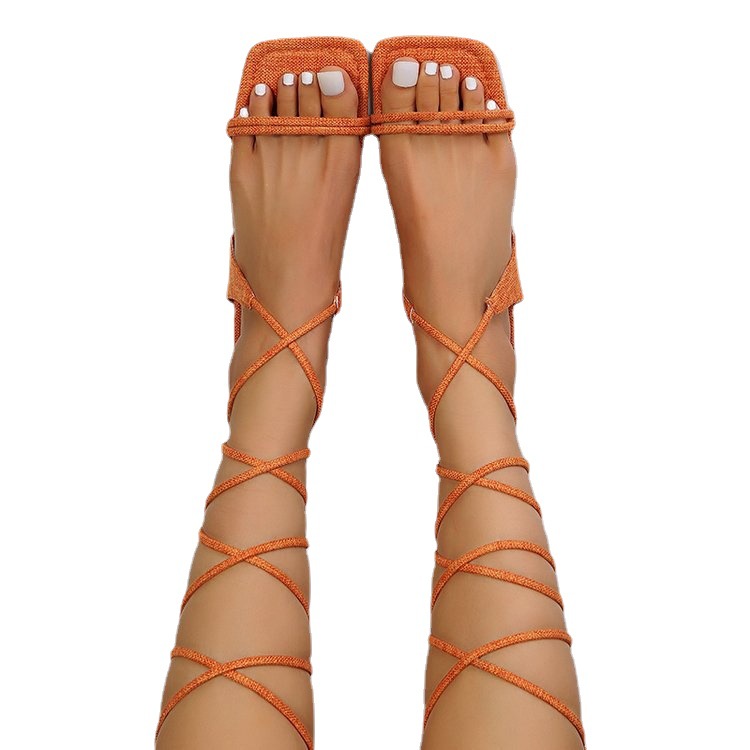 2022潮流绑腿性感爆红款平底鞋欧美方头纯色罗马凉鞋大码43