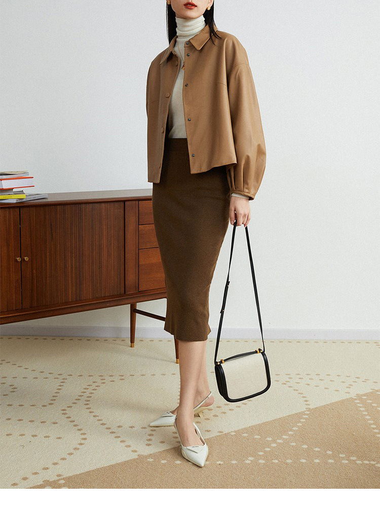 短款绵羊皮衣女 雅痞绅士风2021年秋装新款法式黑绿卡其