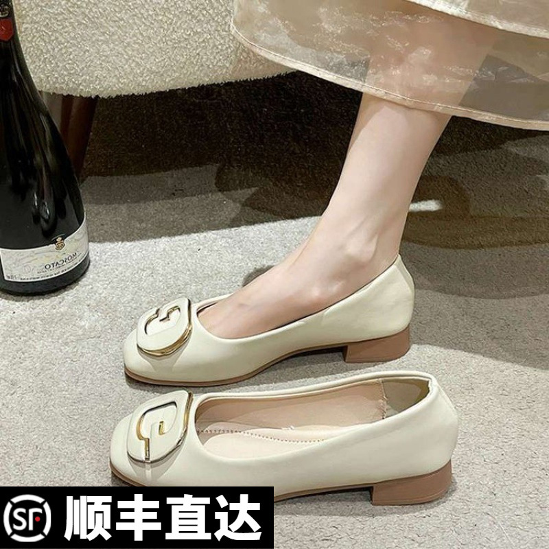 女鞋浅口日常简约女士低跟豆豆鞋2024夏季新款g字扣粗跟百搭休闲
