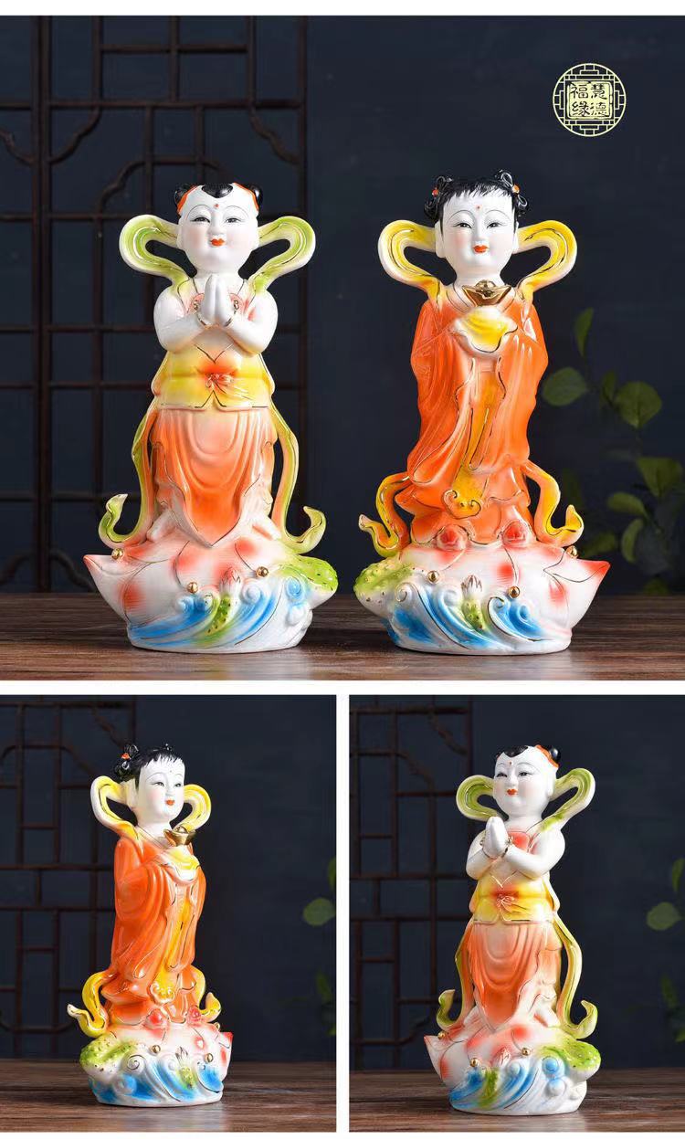 心意陶瓷佛像-善财童子龙女一对佛像摆件金童玉女佛像批发零售