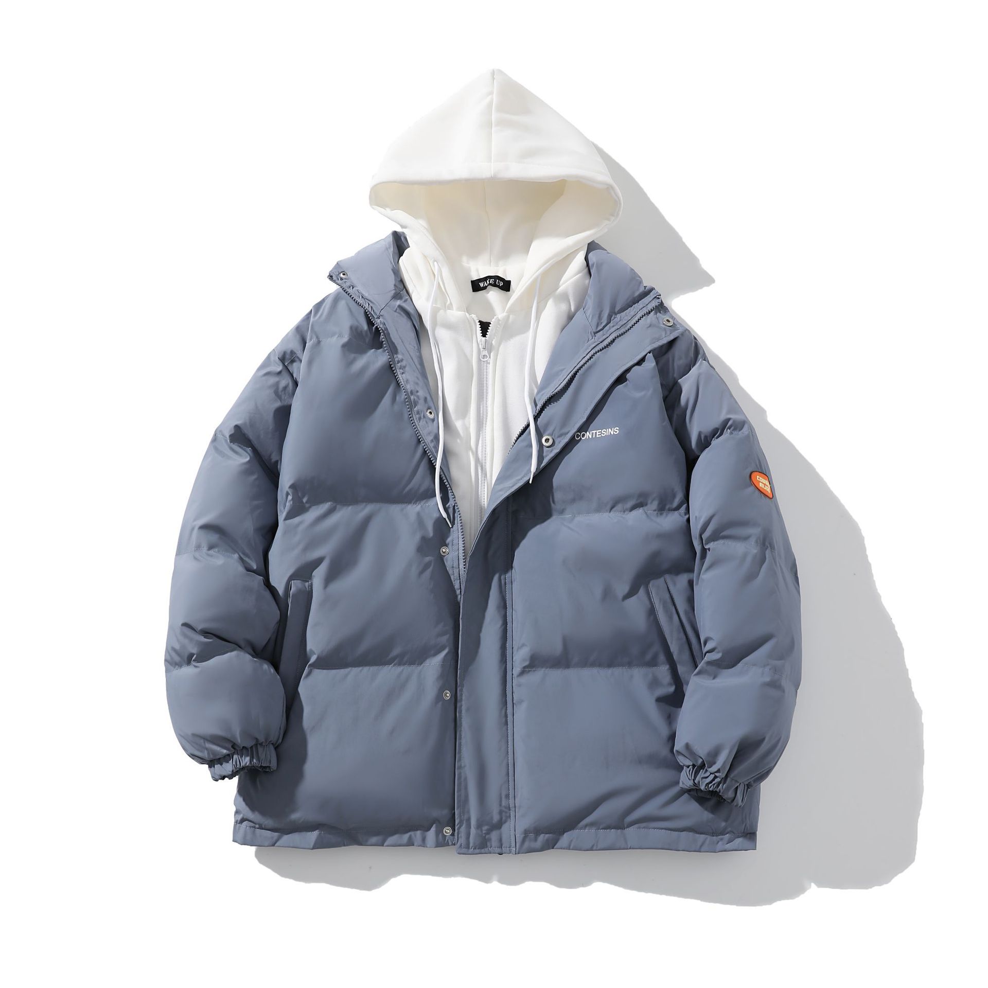 2022假两件连帽棉服秋冬新款韩版纯色男女情侣休闲面包服棉衣棉袄