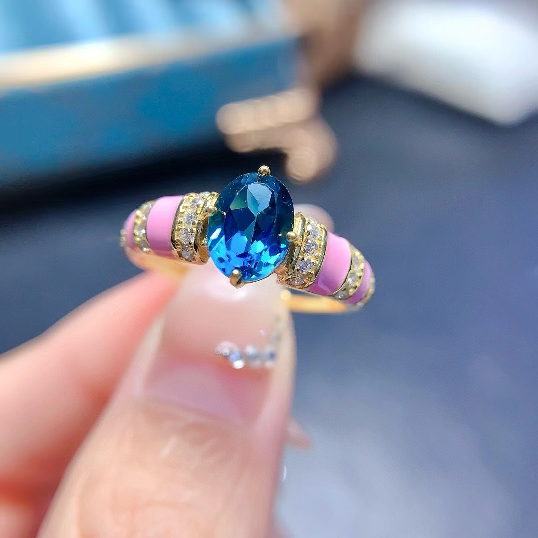 跨境专供彩宝首饰925银镶嵌天然伦敦蓝托帕石戒指个性