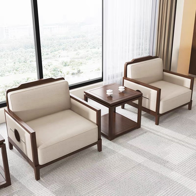 新中式会议沙发贵宾接待洽谈单人售楼处商务政府办公会客茶几组合