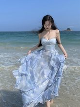 法式漂亮气质在逃公主蓝色连衣裙仙女性感露背超仙海边度假长裙子