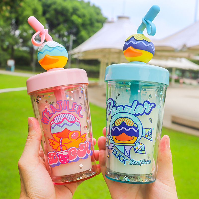ins风创意可爱搅拌鸭杯子双层隔热女学生吸管杯个性网红奶茶杯子