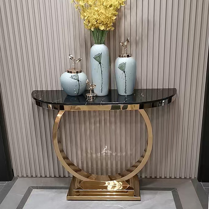 轻奢玄关桌现代简约不锈钢玄关柜极简半圆弧形靠墙玄关条案端景台