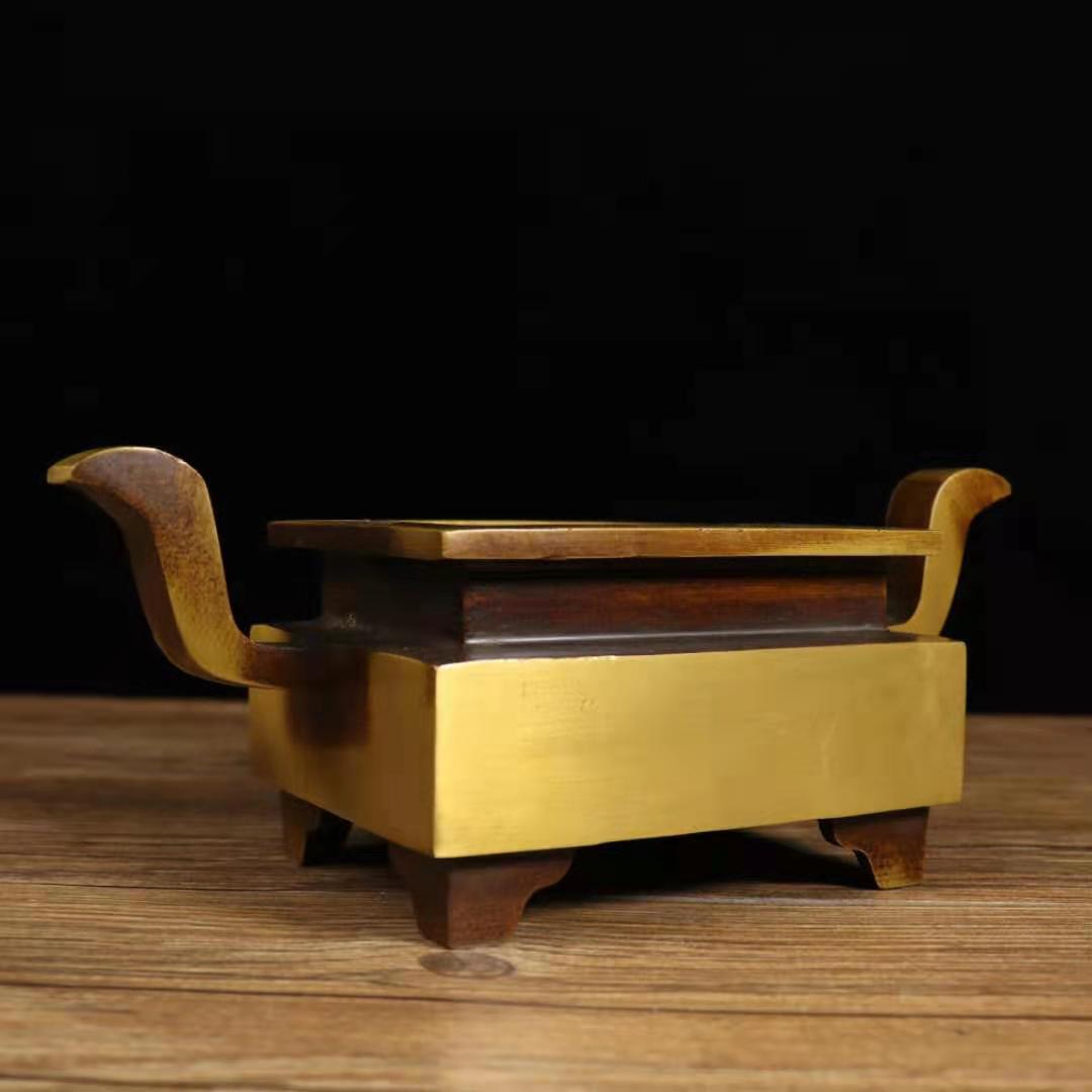 铜器杂项收藏古玩工艺品黄铜如意耳方香炉四方香炉熏香炉摆件