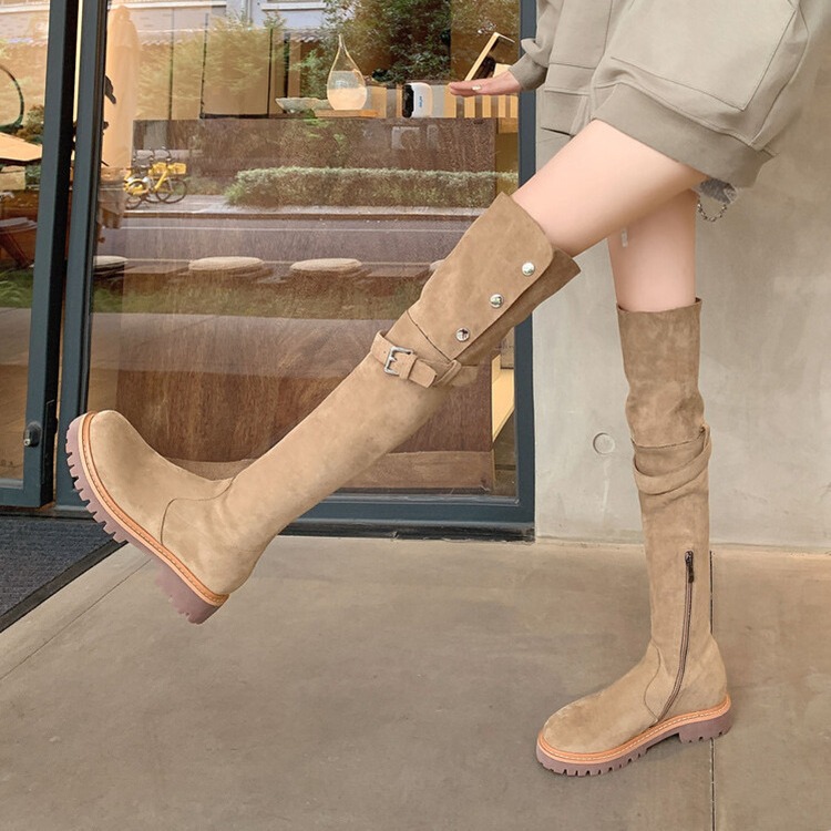 复古铆钉显瘦过膝长筒靴女2023新款粗跟麂皮绒两穿高筒西部骑士靴