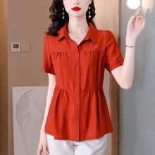 工厂直销新款棉麻衬衫短袖女装夏季上衣显瘦洋气收腰修身减龄小衫