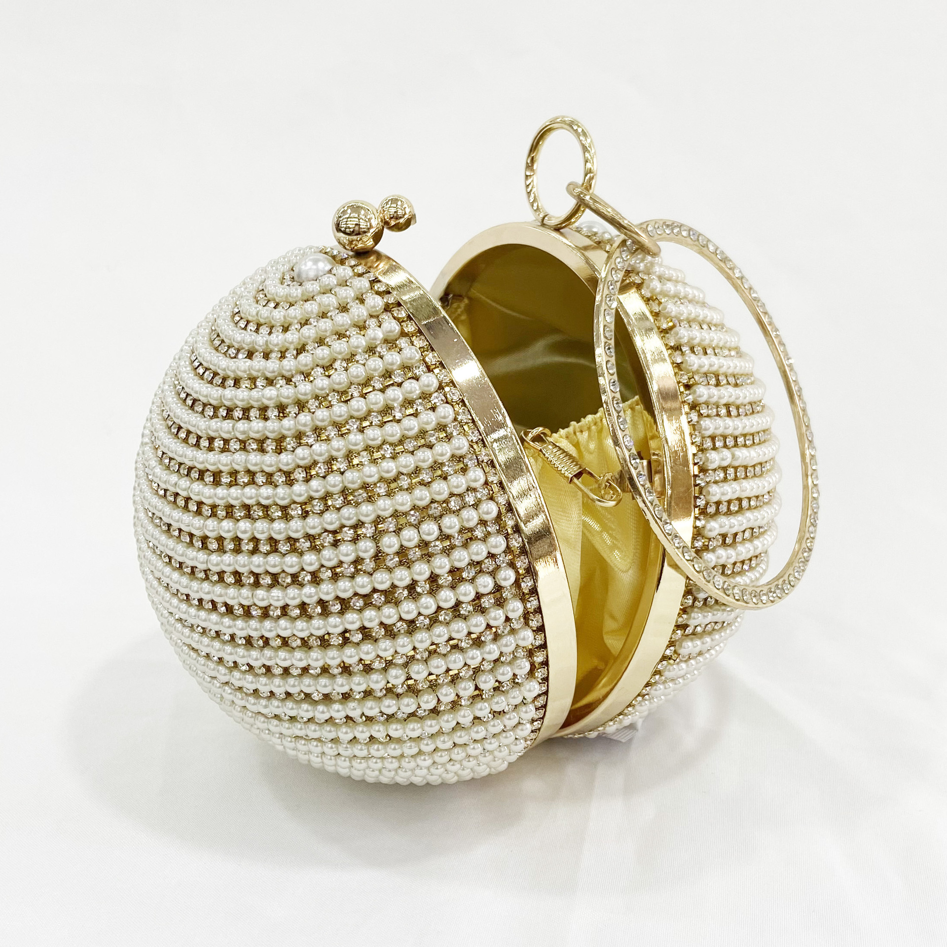 欧美晚宴包女士珍珠手提宴会晚装包金色带钻圆球包现货clutch bag