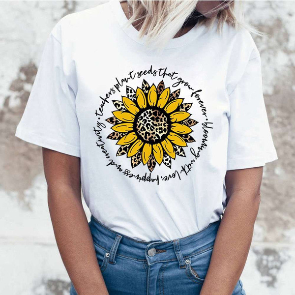 欧美跨境女装wish亚马逊热卖 趣味向日葵图案印花短袖t恤女上衣