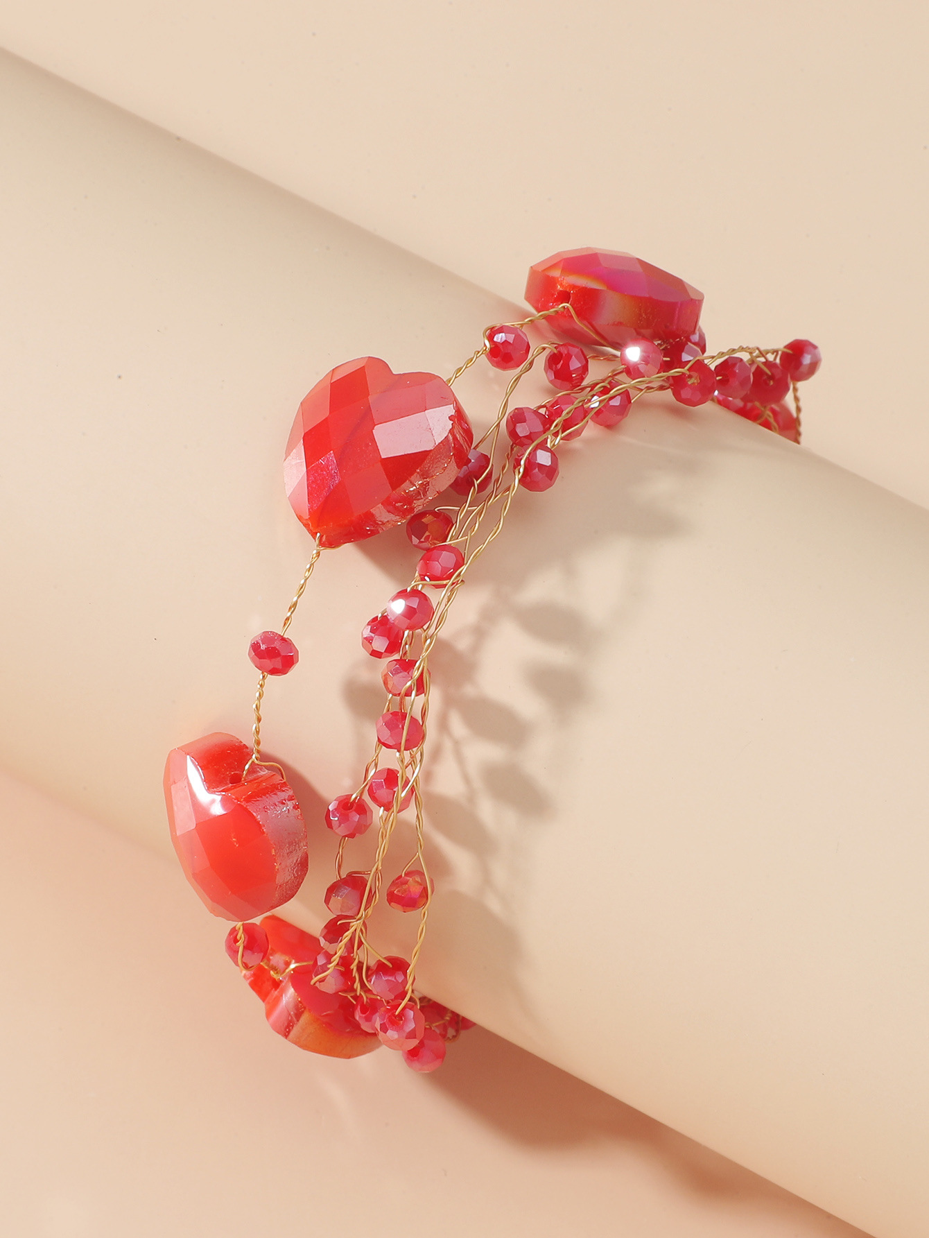 欧美跨境颜色水晶串珠的爱心形圆形铜丝手工编制新季女士手镯手链