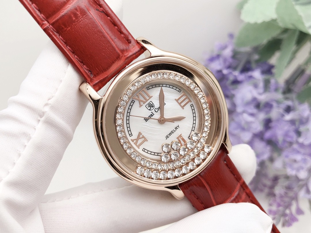 royalcrown萝亚克朗手表女时尚皮带镶钻休闲时来运转时装表石英表