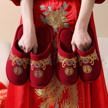 新婚婚庆新娘结婚拖鞋喜庆红色一对四季情侣冬天家居室内陪嫁拖鞋