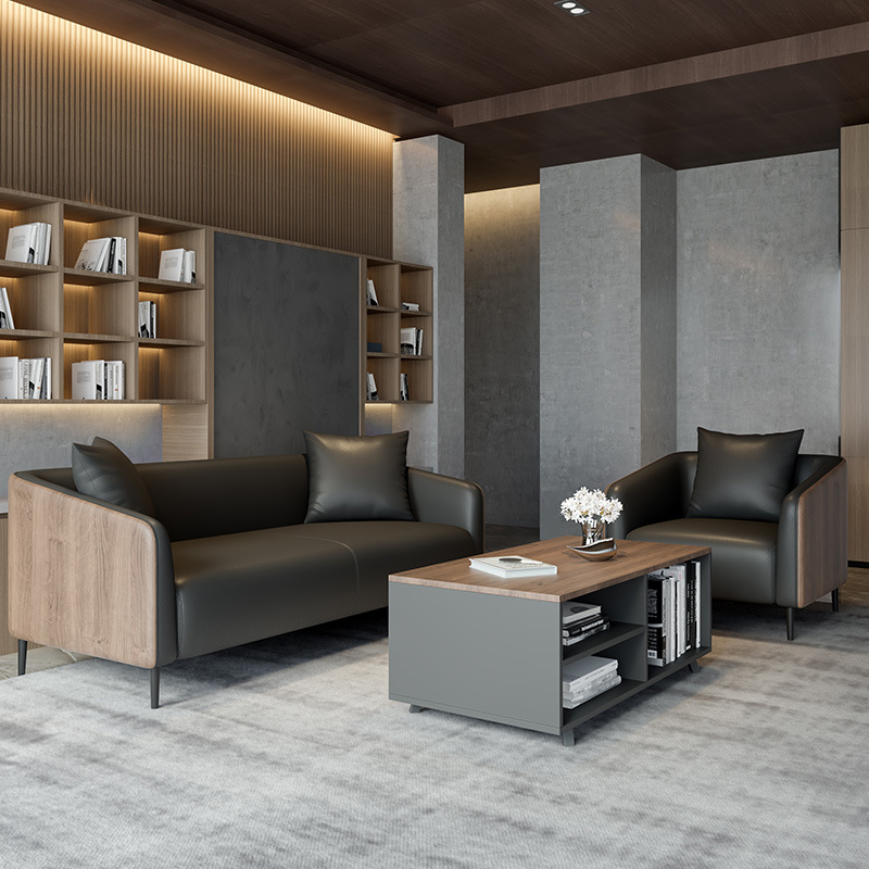 商务现代办公老板经理主管办公室会客区接待洽谈木纹沙发茶几组合