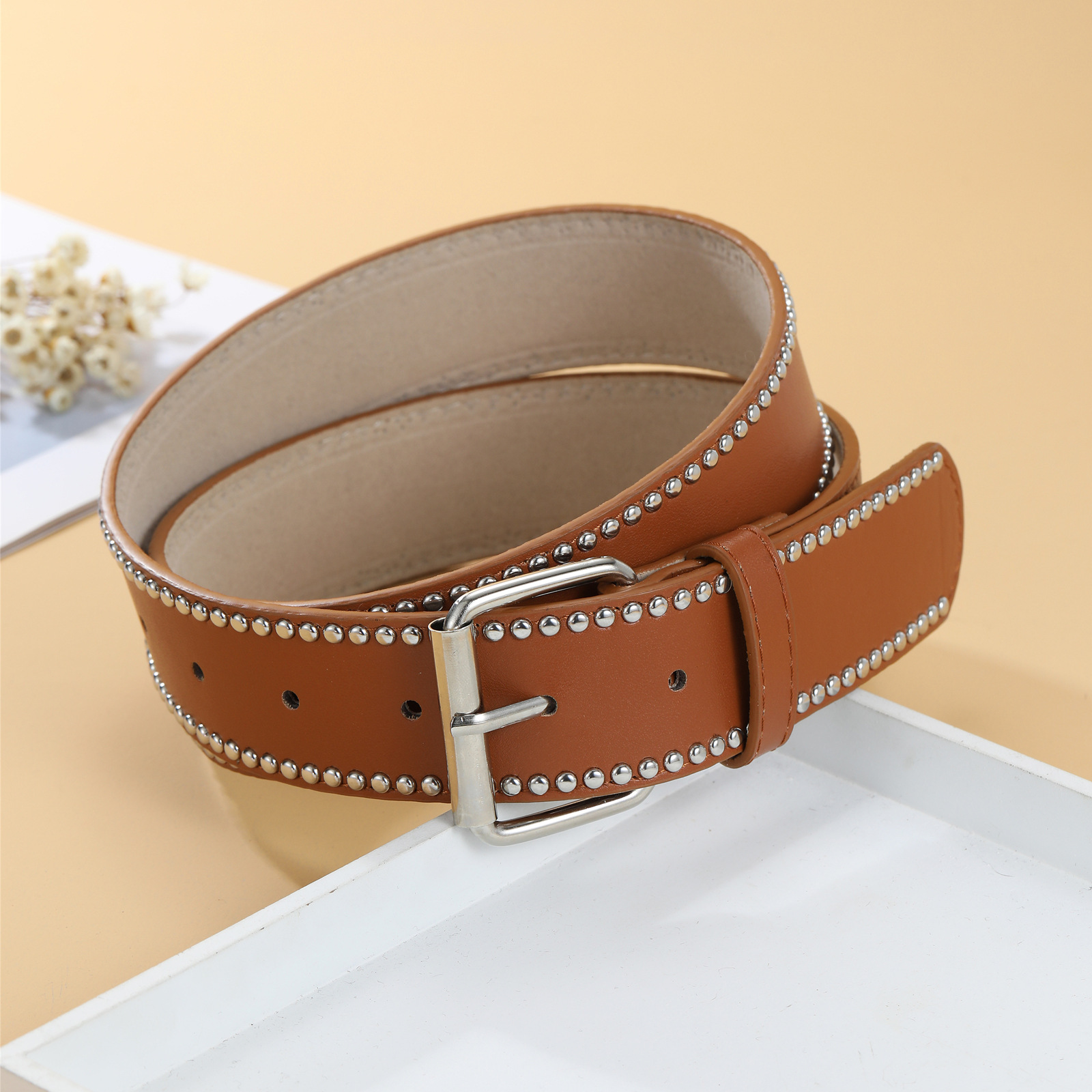 新款跨境朋克风女士铆钉针扣腰带pu简约时尚牛裤子装饰宽皮带批发