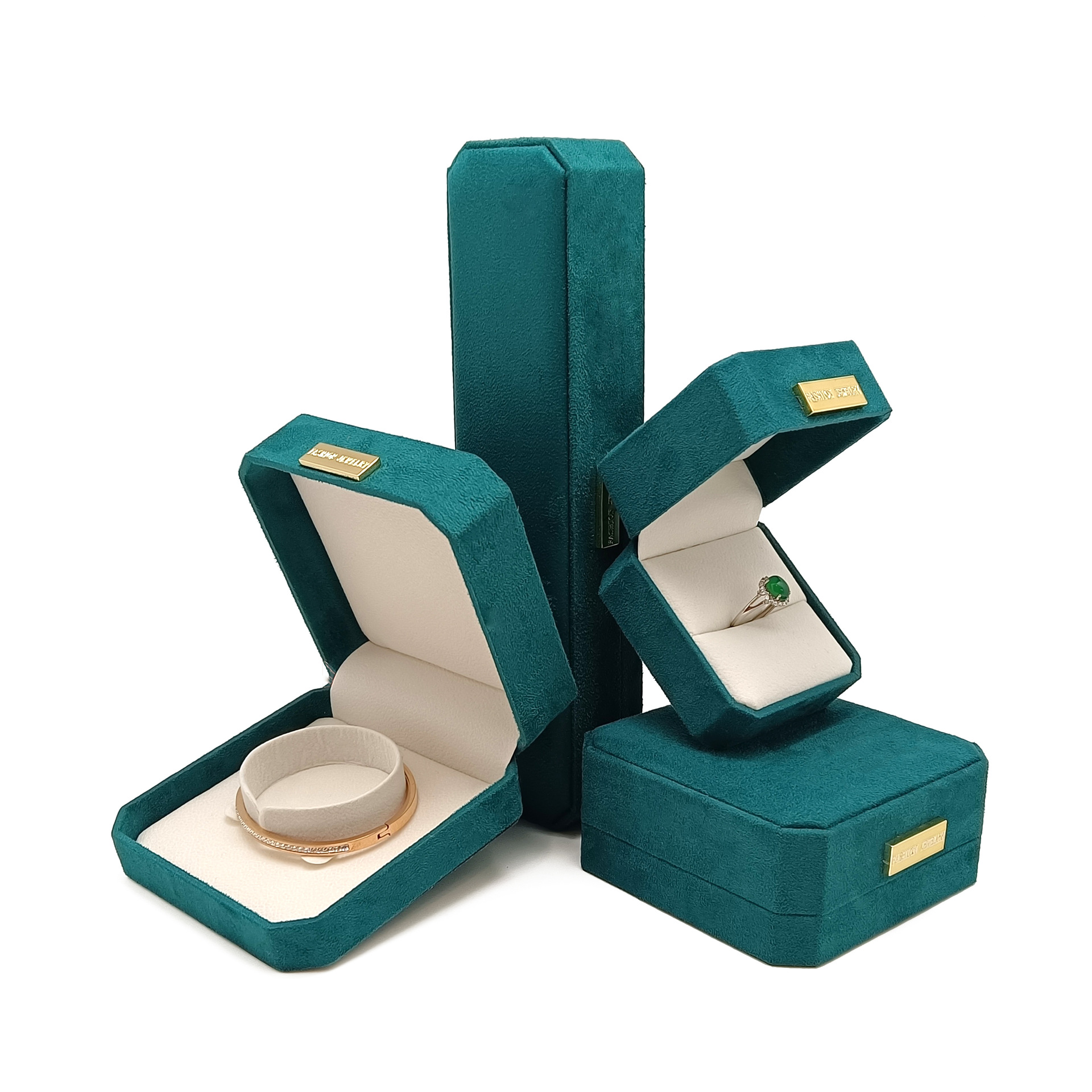 新款铭牌绒布珠宝首饰包装盒高档珠粒绒戒指项链八角珍珠套装盒