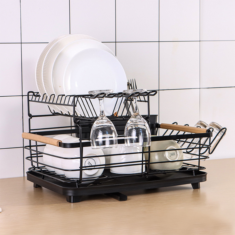 Wholesale Customized Iron Double Layer Black Ribbon Outlet Draining Bowl Rack Chopping Board Cup Set Dish Organizer Storage Rack