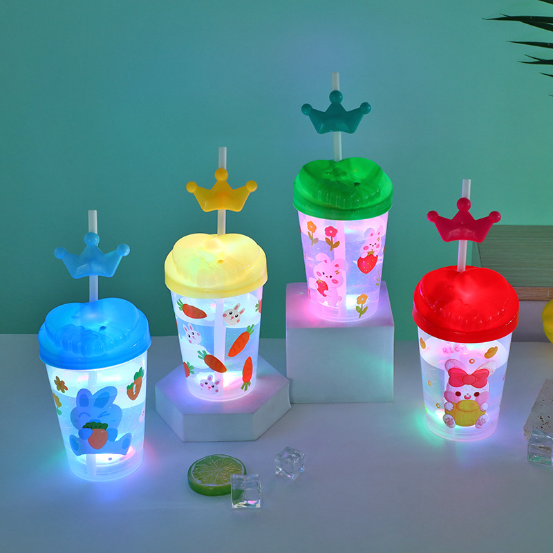 Cartoon Cute Baby Cup with Straw Luminous Children's Drinking Cup PP Straw Good-looking Water Cup Student Plastic Cup