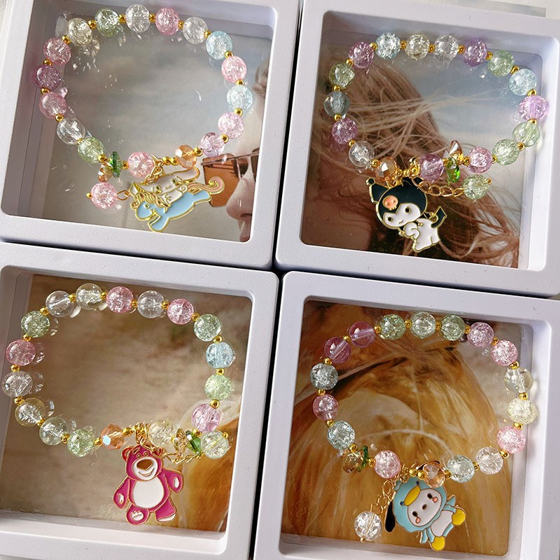New Children's Sanrio Bracelet Colorful Cracked Cystal Beaded Cinnamoroll Babycinnamoroll DIY Internet Celebrity Beaded Jewelry Wholesale