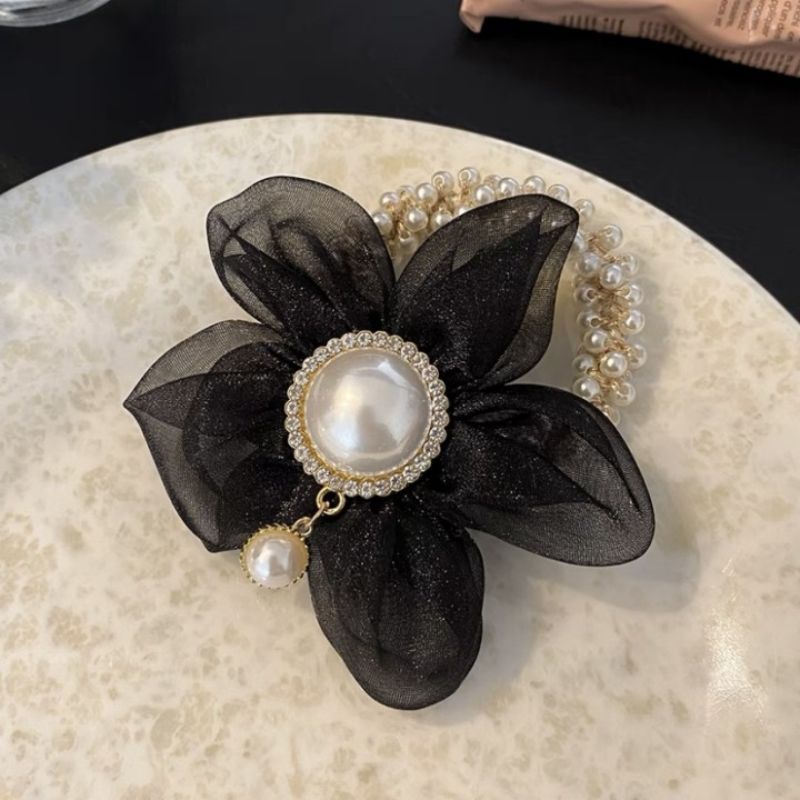 Korean Dongdaemun Organza Classic Style Flower Pearl Hair Band Western Style Hair Accessories Tie up a Bun Hairstyle Rubber Band Ornament for Women