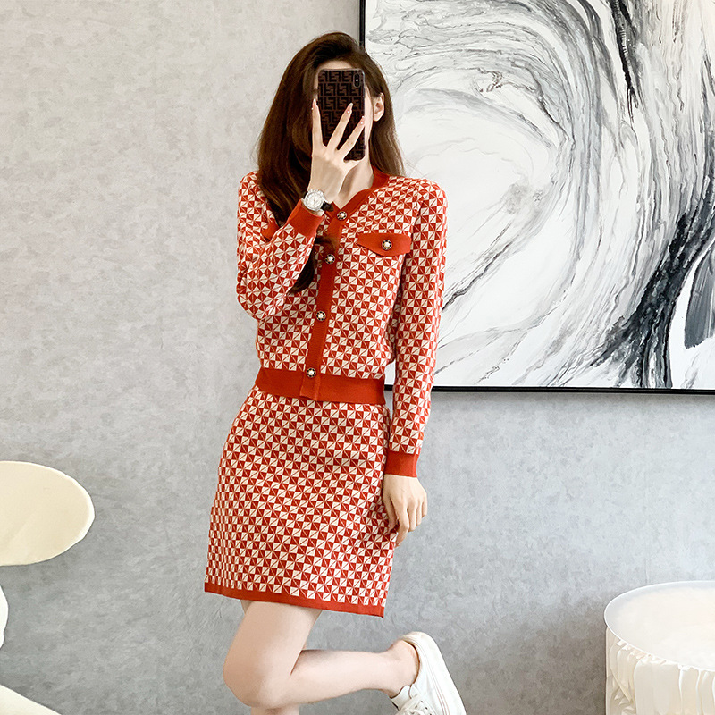 名媛小香风针织两件套装裙女2022秋冬季新款提花毛衣时尚休闲套装