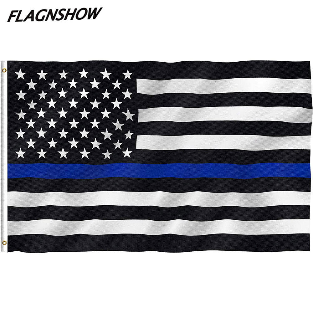 跨境黑色美国国旗 执法人员90*150cm细蓝条警察旗帜 消防旗批发
