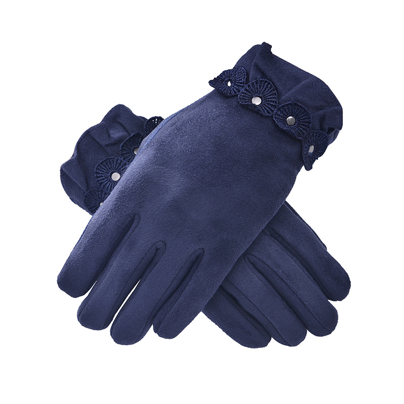 Solid Color Suede Gloves Women's Cold-Proof Warm Finger Cloth Gloves Four Flowers Decorative Outdoor Sports Riding Gloves