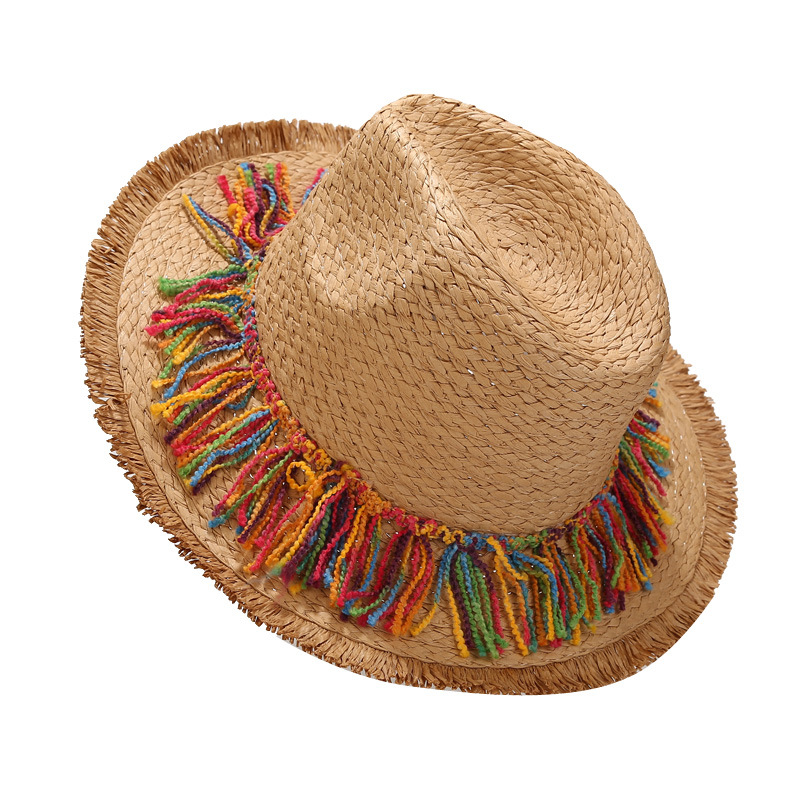 Korean Style Multicolored Tassel Straw Hat Female Beach Trip Vacation Hat Seaside Outdoor Wide Brim Top Hat Sun Protection Sun Hat