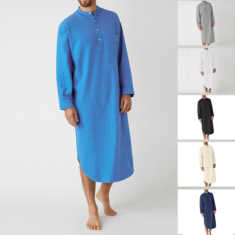 AliExpress Muslim Men's European and American Nightgown Long Sleeve Button Solid Color Arabic Shirt Cross-Border Men's Robe