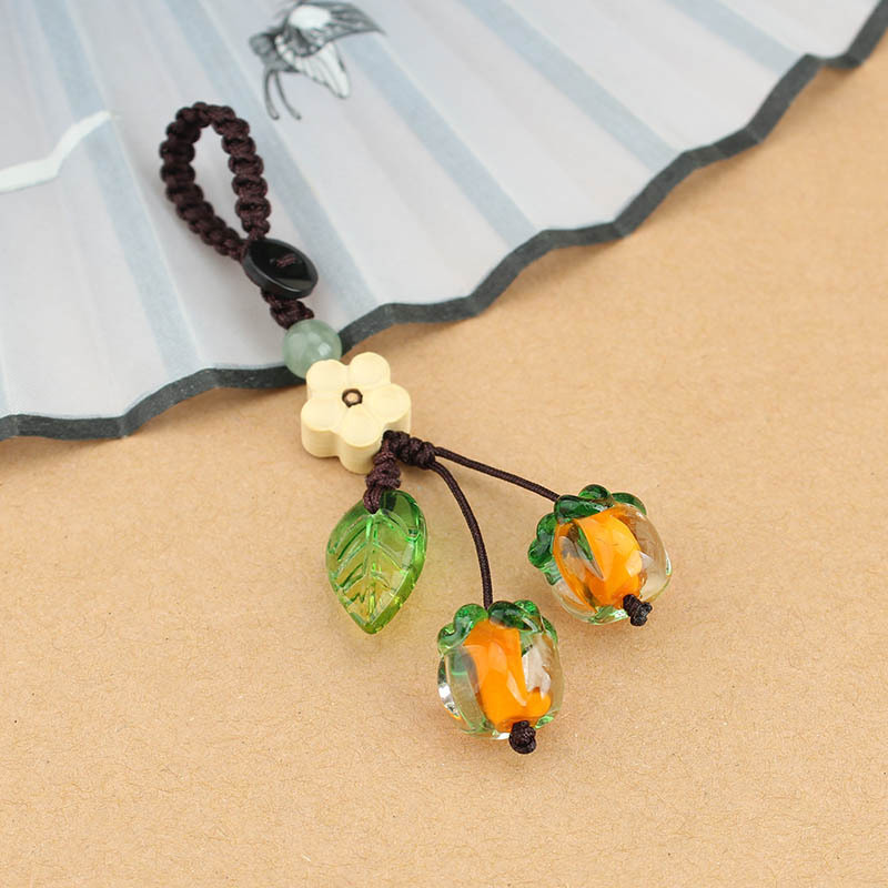 Persimmon Colored Glaze Persimmon Car Key Ring Pendant Persimmon Leaf Youcheng Mobile Phone Charm Creative Retro Pendant Lanyard