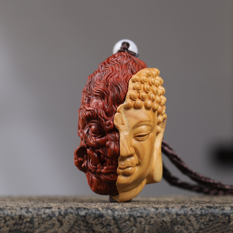 紫檀木雕汽车挂件佛魔一念之间吊坠文玩木质工艺品随身人物手把件