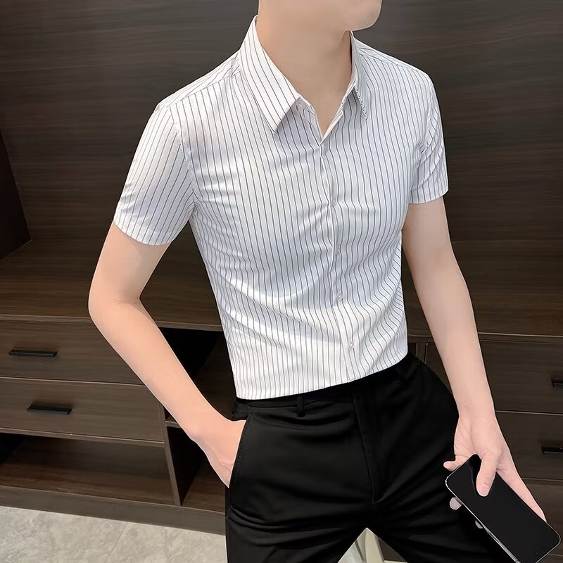 条纹衬衫男士短袖夏季高级感商务男装英伦雅痞风修身款衬衣-阿里巴巴