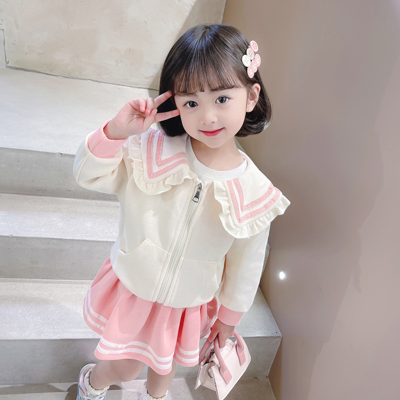 女童春款可爱兔耳朵卫衣半身裙套装女宝宝花边翻领拉链外套两件套