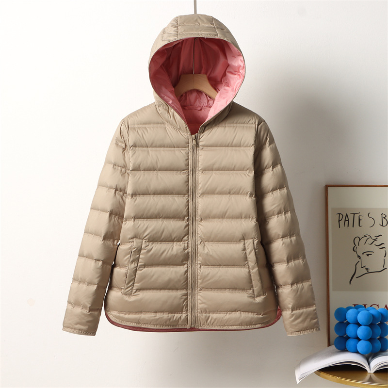 羽绒服女短款时尚气质连帽修身韩版压胶拼色薄款白鸭绒保暖外套潮