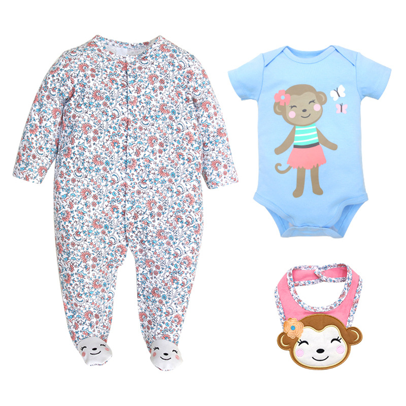 2023 Factory in Stock Wholesale Foreign Trade European and American Baby Jumpsuit Baby Long Climbing Short Saliva Towel 3-Piece Set