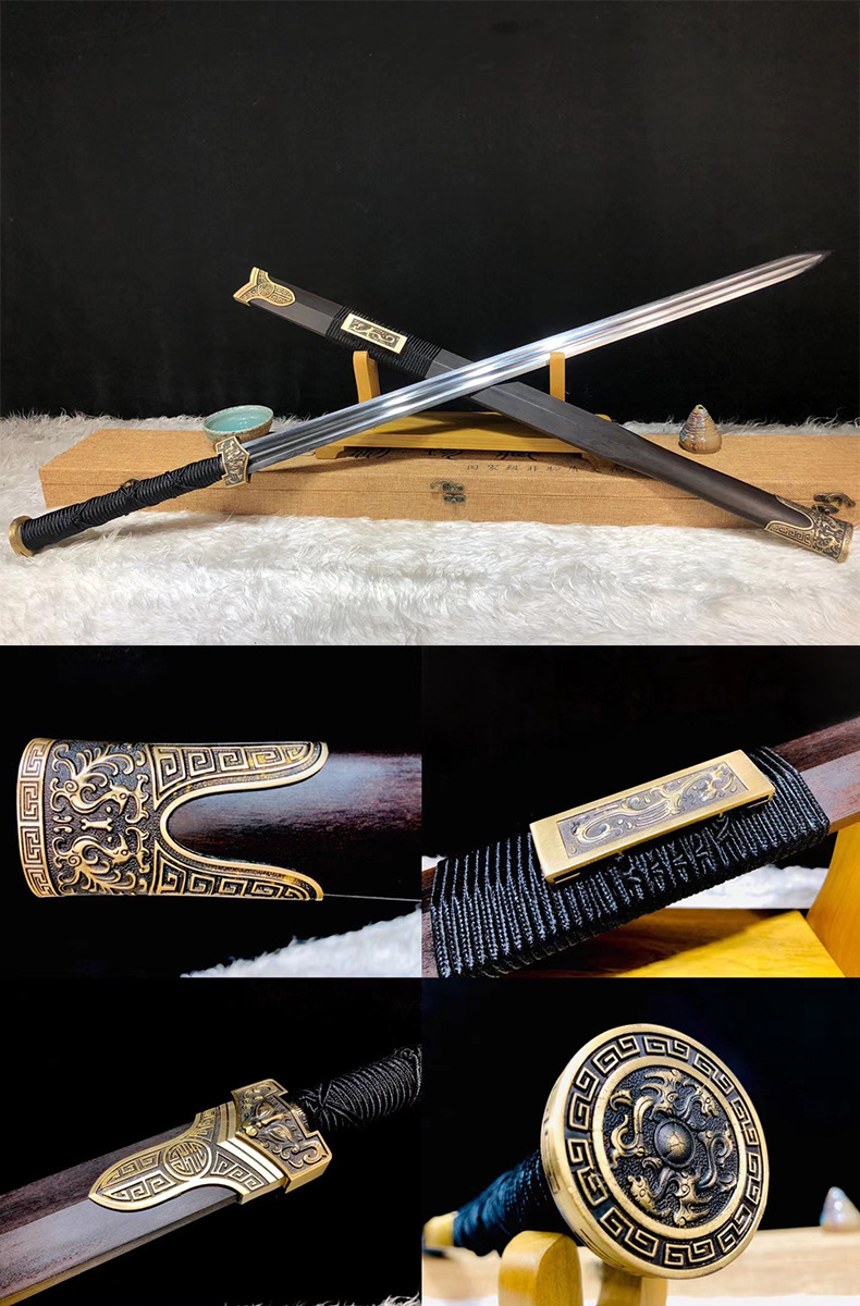 龙泉纯铜帝王汉剑宝剑长剑烧刃花纹钢一体剑冷兵器黑檀木鞘未开刃