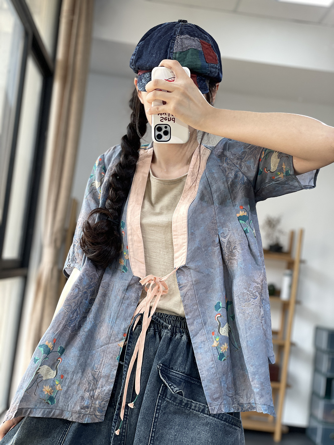 夏季复古森女系撞色领边苎麻印花系绳开衫外搭小披衫上衣女sn6669