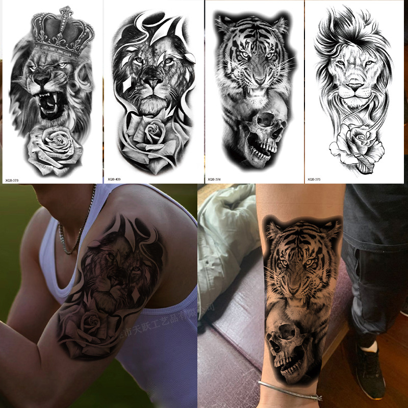 源头货源批发纹身贴小全臂动物老虎狼花臂半臂防水持久黑白转印贴