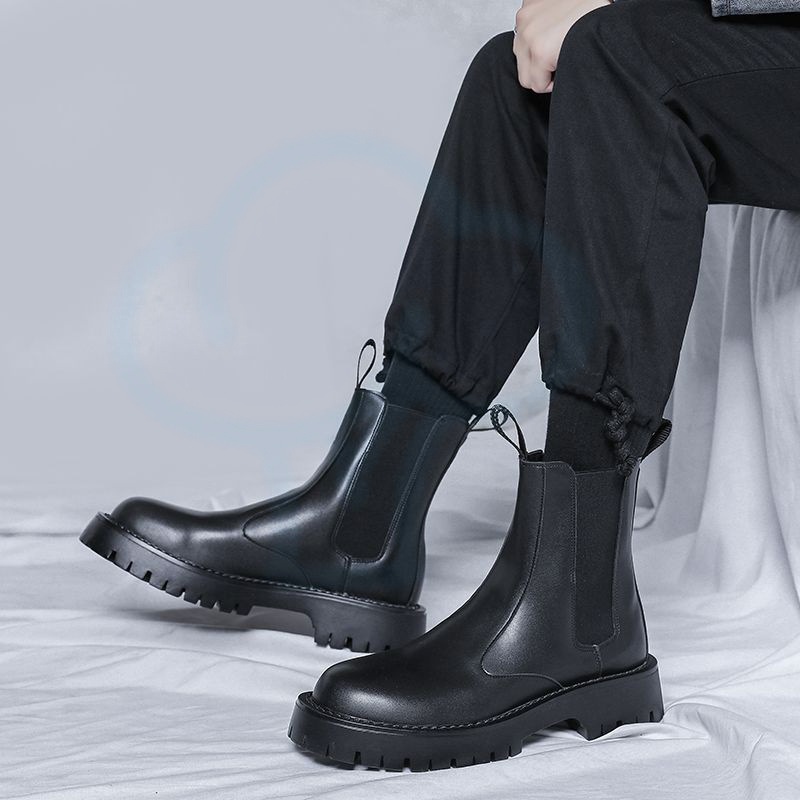 秋季马丁靴黑色皮靴男英伦风高帮皮鞋切尔西靴冬季加绒厚底工装靴
