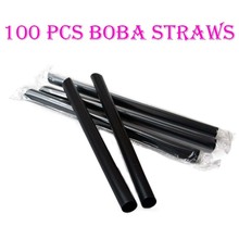 100pcs 7Black Wrapped Straw Extra Wide Pointed Boba Plastic