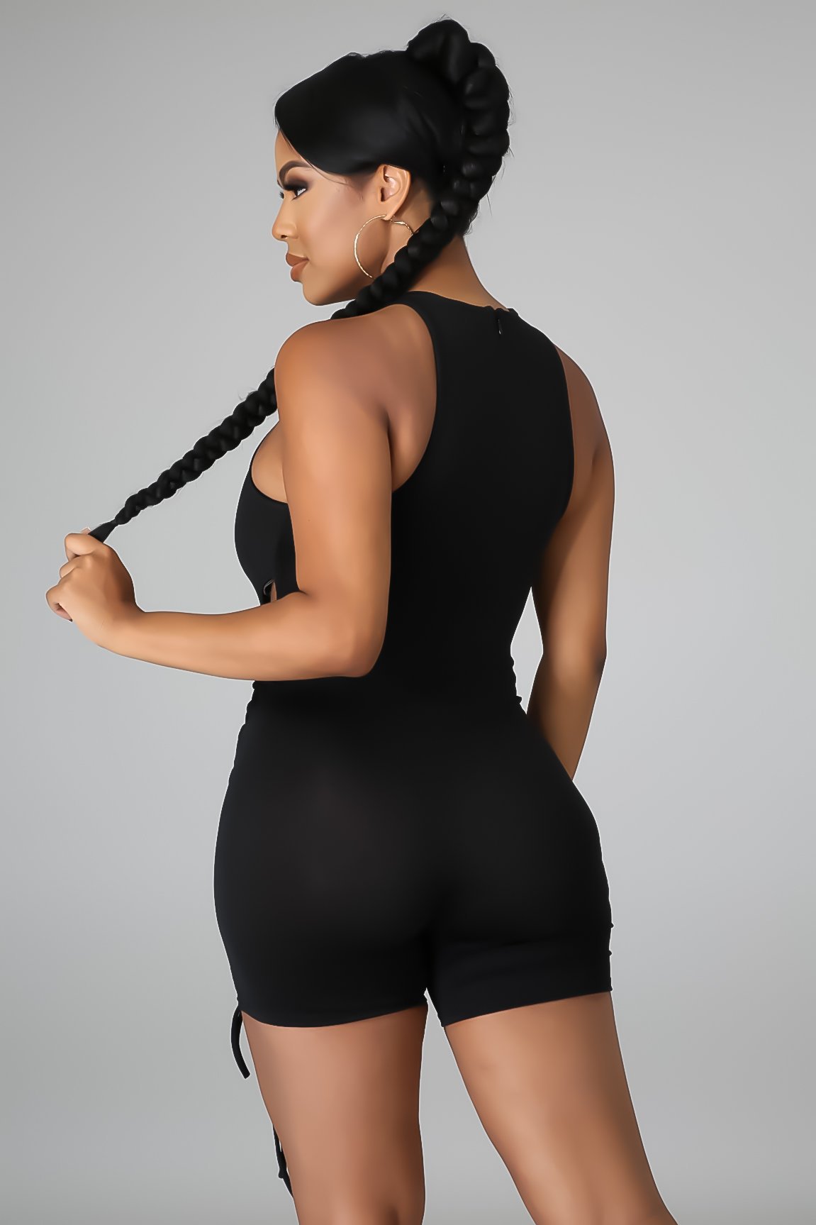 z9105新款欧美性感女装后背拉链开合无袖纯色镂空绑带 弹力连体裤