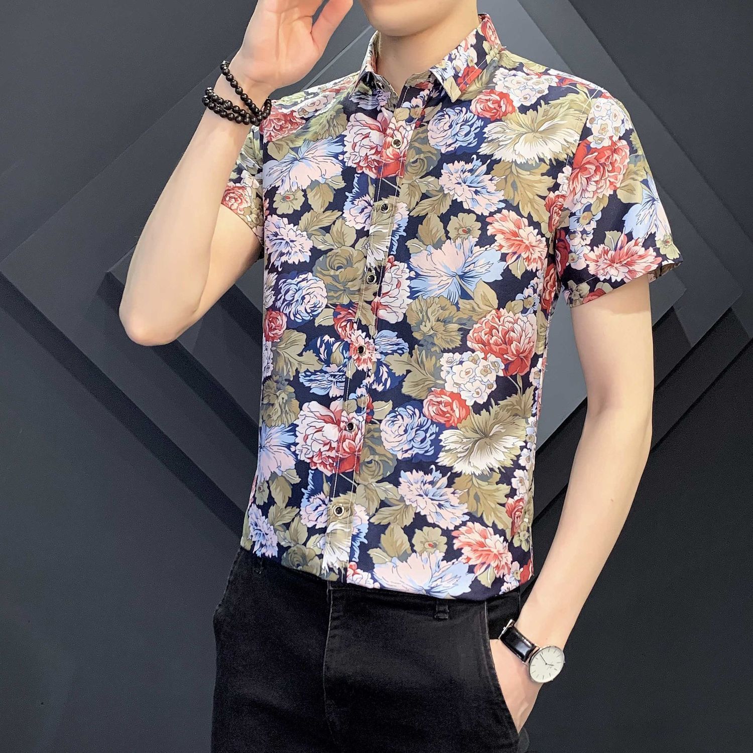 夏季碎花短袖衬衫男修身韩版潮流帅气寸衫男士半袖休闲花衬衣