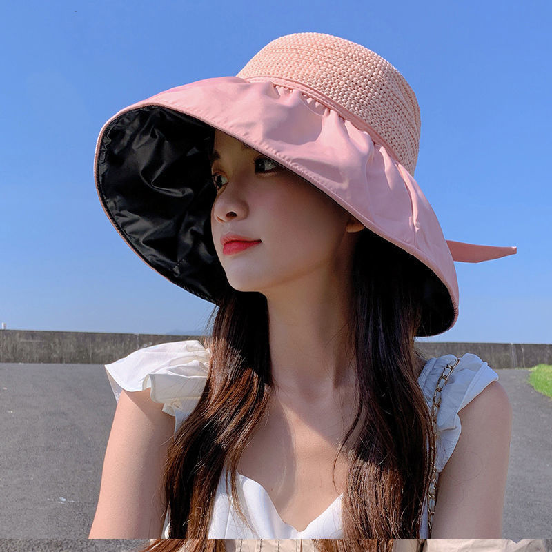 Summer Vinyl Sun Hat Female Hollow Bow UV Protection Big Brim Face-Covering Sun Protection Hat Sun Hat Bucket Hat