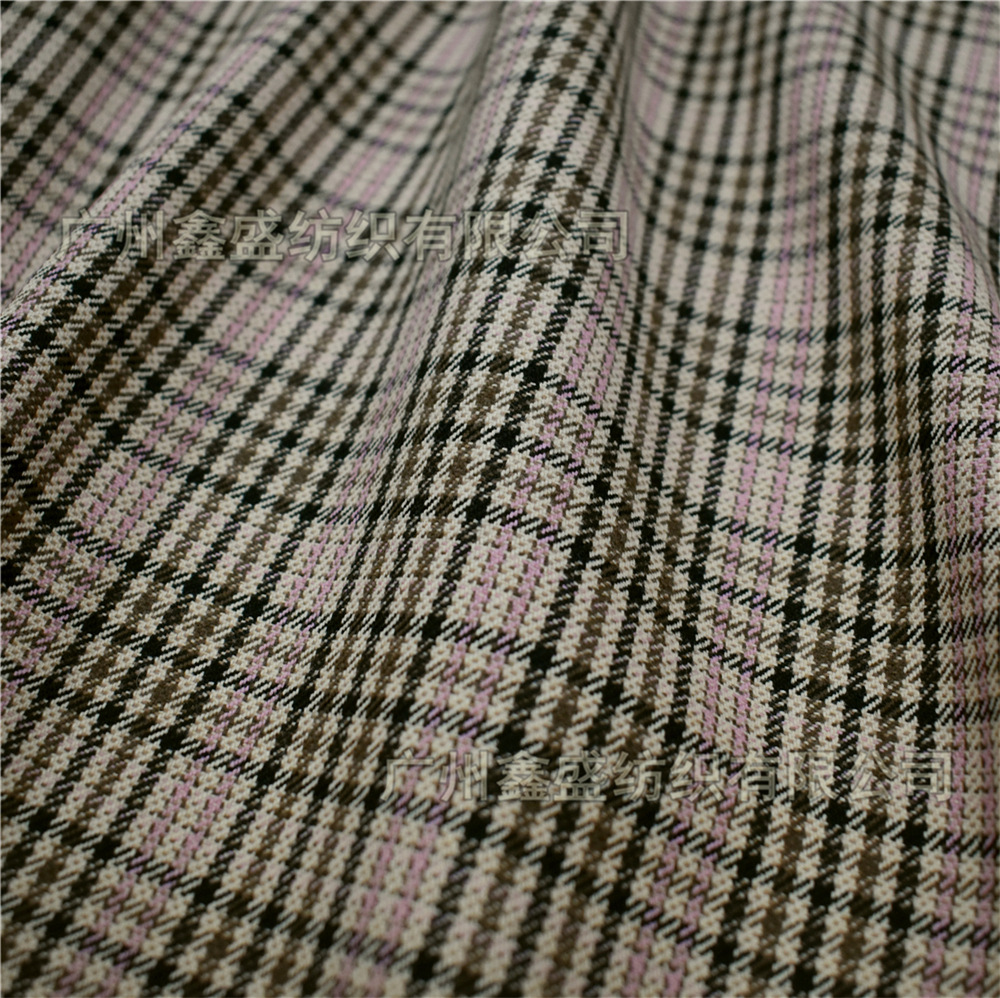 春秋季新款粉色线条千鸟时装格精纺羊毛粗花呢面料w82837